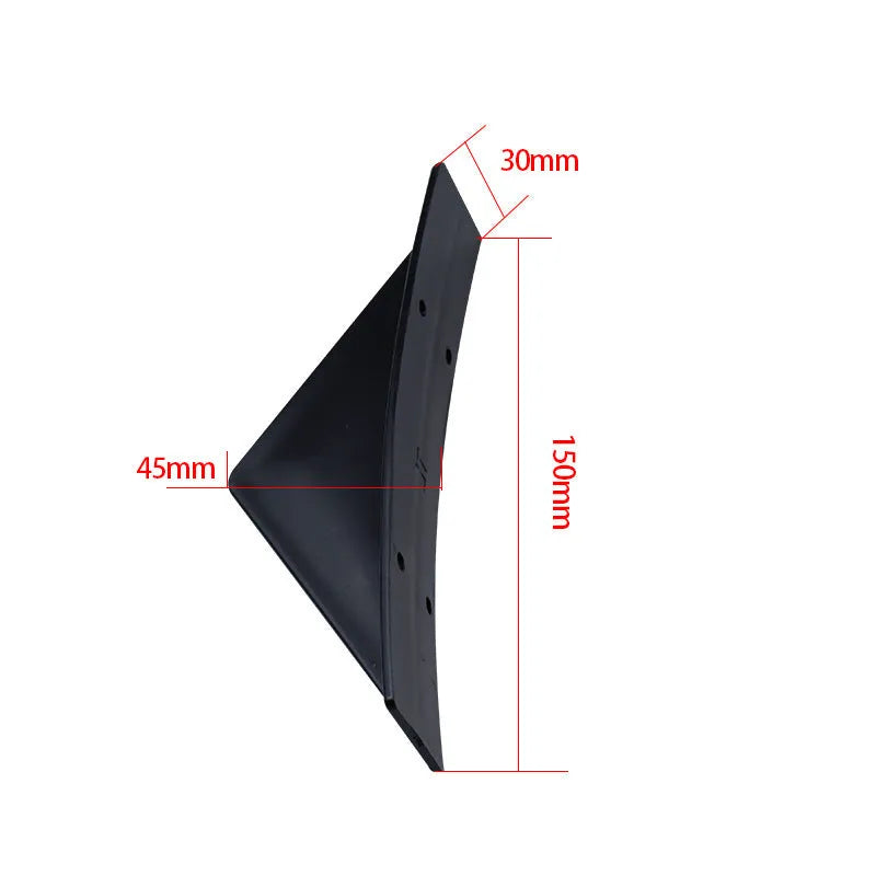 Set of four black ABS plastic triangle rear spoilers for car bumper, measuring 15cm wide, with screws and adhesive tape.