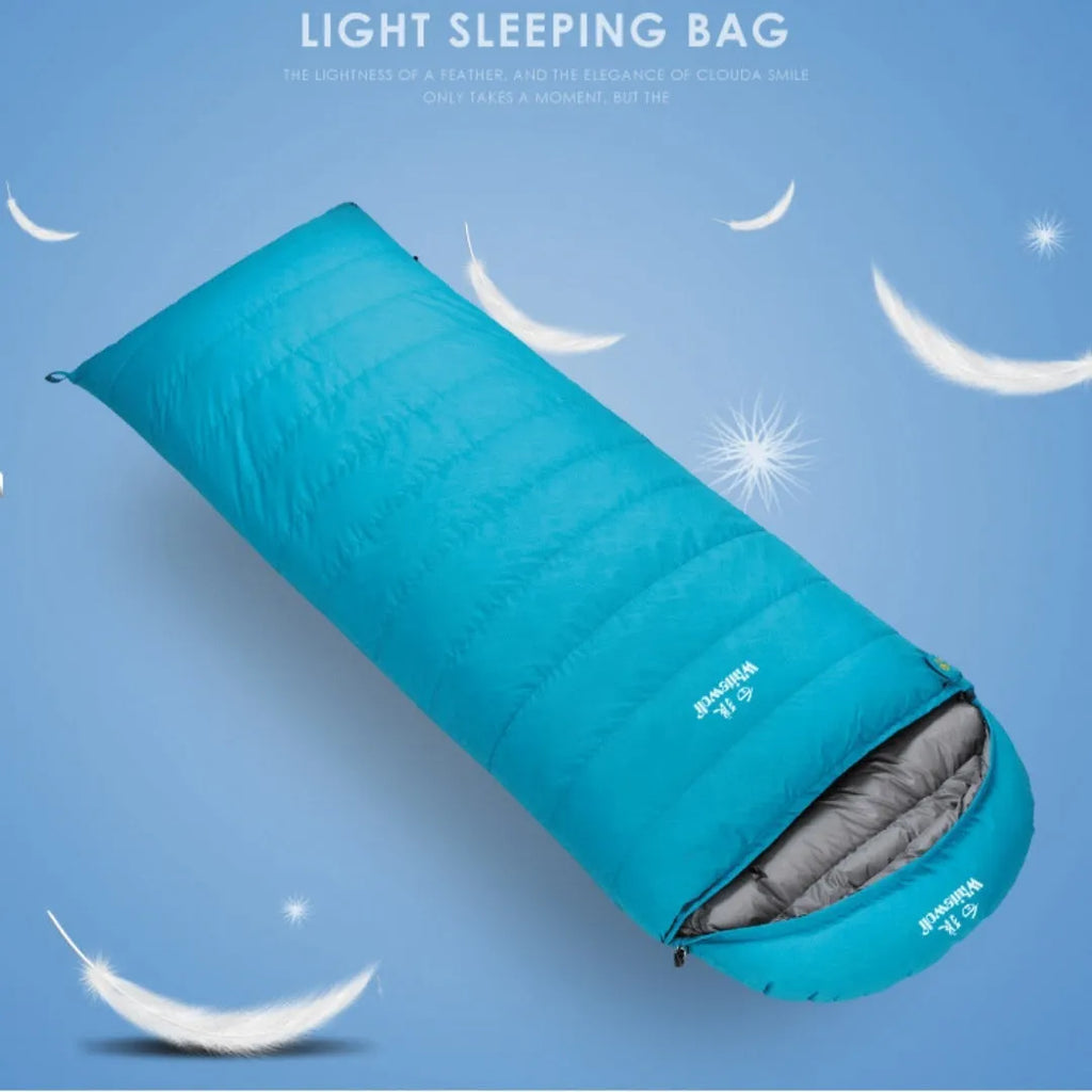 Black down sleeping bag with envelope structure and white goose down filler