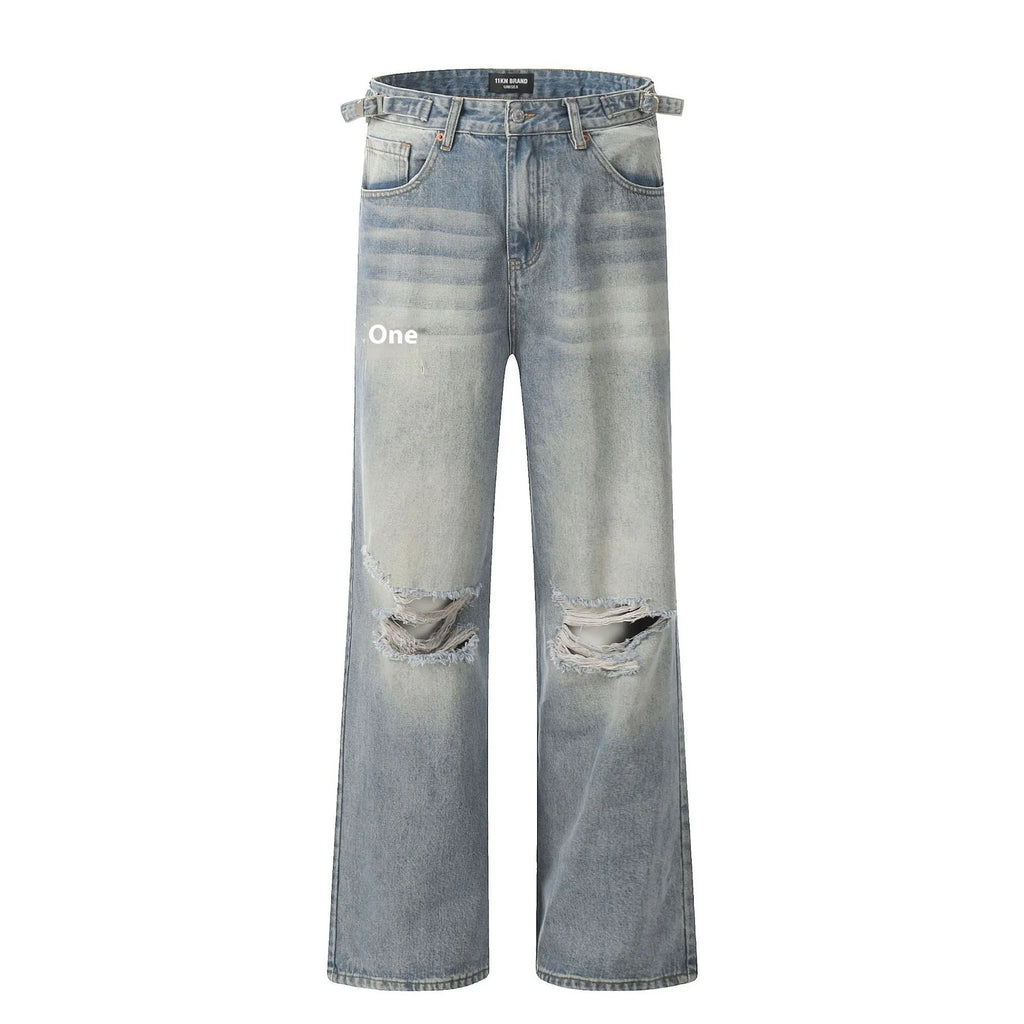 Blue wash straight-leg jeans with ripped detailing and zipper fly opening