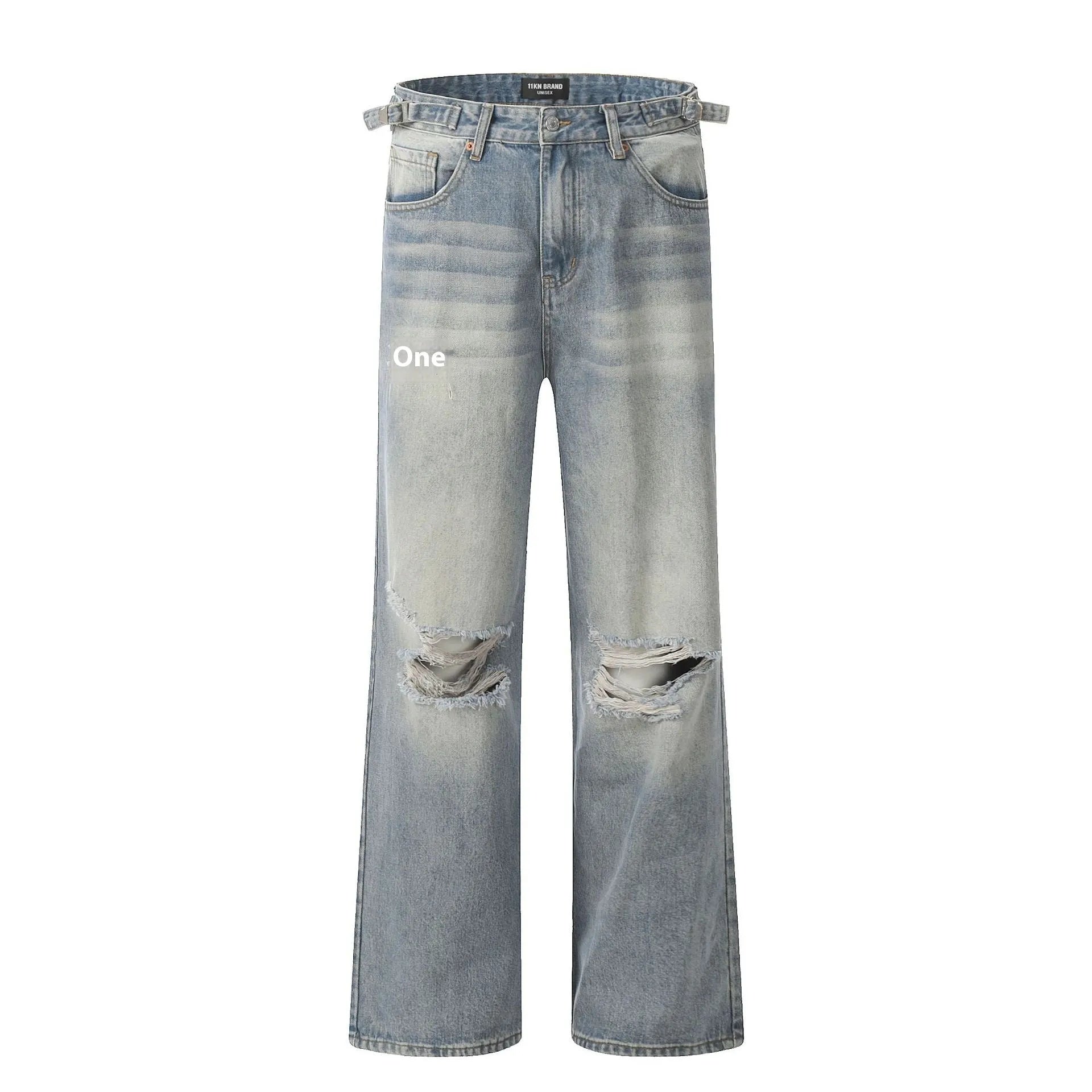 Blue wash straight-leg jeans with ripped detailing and zipper fly opening