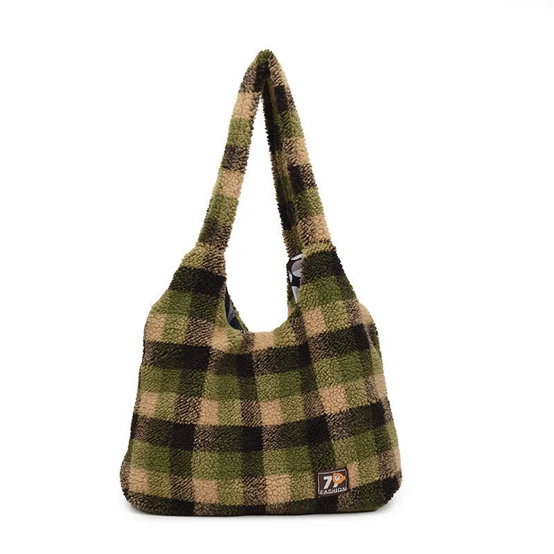 Women's soft plush plaid shoulder crossbody tote bag with large capacity