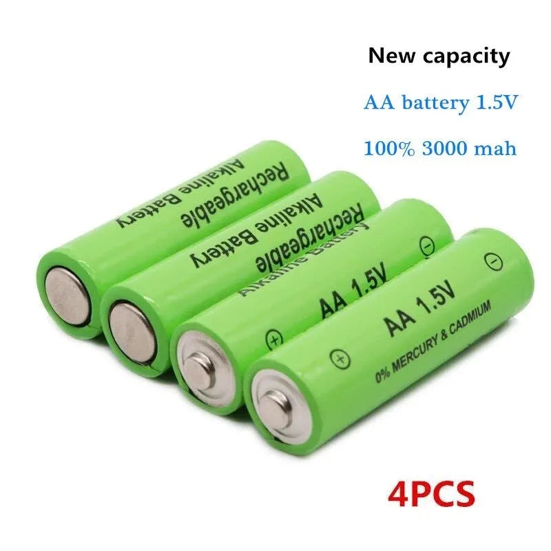 Alkaline rechargeable AA battery with 3000mAh capacity and 1.5V rating
