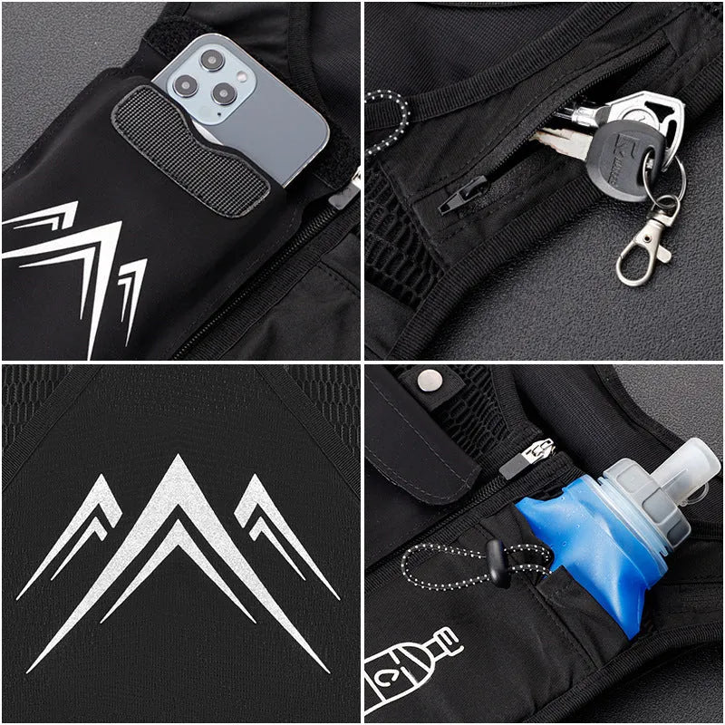 Black breathable mesh running vest with phone compartment and optional hydration flask for outdoor sports