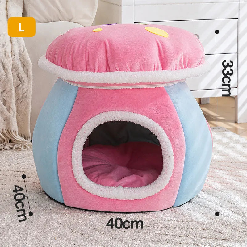 Grey mushroom-shaped hooded cat bed made of soft rabbit plush, shown with a cat inside.