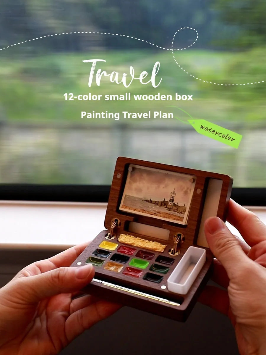 Mini walnut wooden watercolour paint box with included professional paint set for portable art supplies