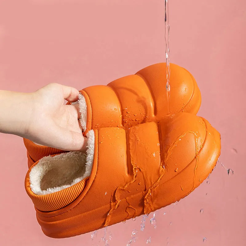 A pair of green EVA couple slippers with plush lining, shown as indoor house shoes and outdoor garden overshoes.