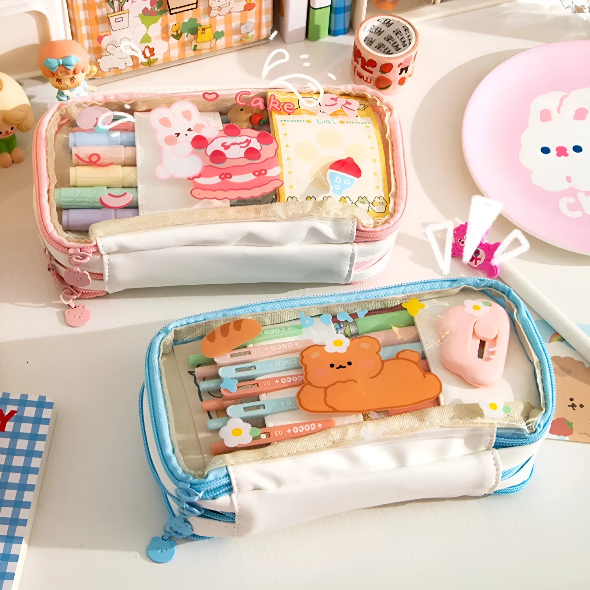 Transparent heart-shaped pen bag with rabbit illustrations in pink or red Korean-style design