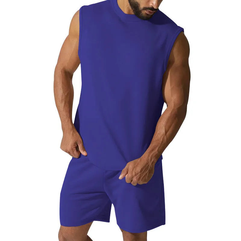 Men's sleeveless cotton blend sports top and matching shorts in a solid colour