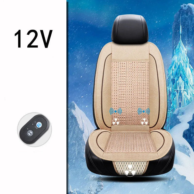 Black car ventilation seat cushion measuring 60cm square with power cord