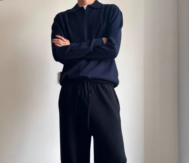 Pure wool POLO sweater with lapel collar in loose fit, shown in milky white and navy blue colour options