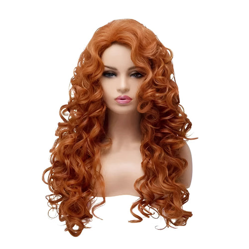 Brown long synthetic wig with tight, fluffy instant noodles-style curls for cosplay.