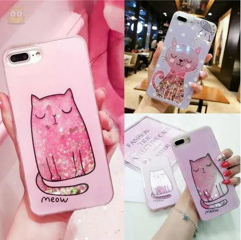 Cat-themed glitter phone case for iPhone models 6, 7, 8, and X.