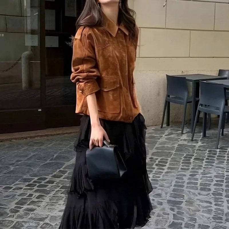 Women's suede street chic coat with regular sleeves in brown colour