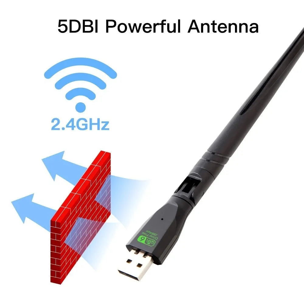 Black WiFi 6 wireless network card with USB connector for PC connectivity