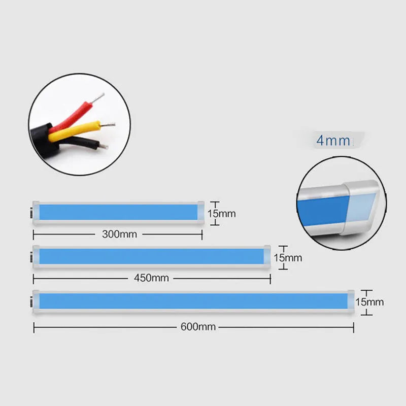 Flexible silicone car LED strip light showing daytime running light and flowing turn signal function in blue to yellow colour.