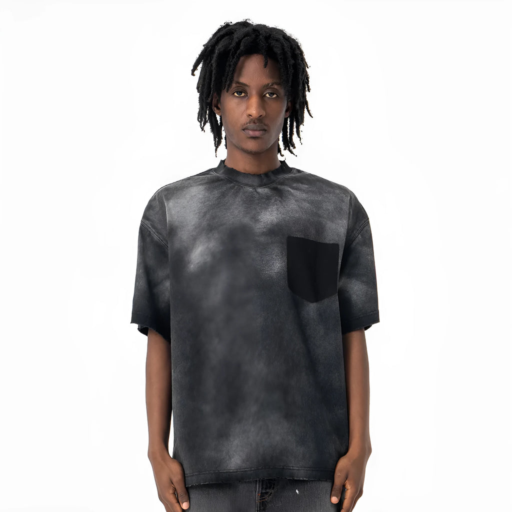 Black men's loose-fit cotton t-shirt with a printed letter design and drop-shoulder short sleeves.