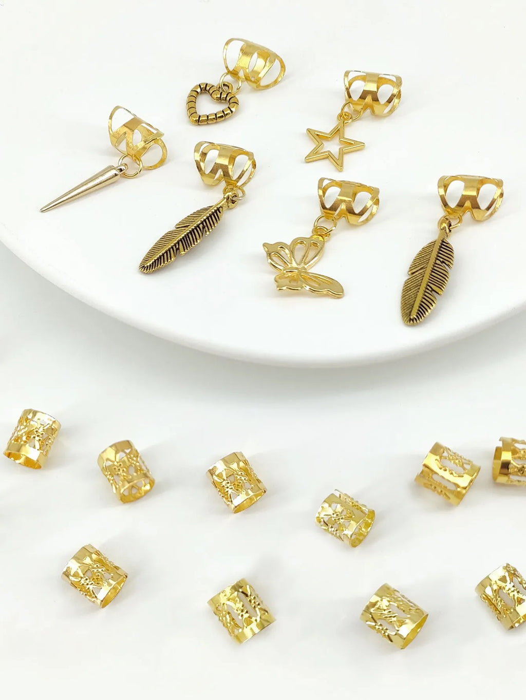 26-piece pack of antique style hair rings with trendy leaves design in gold or silver electroplated alloy