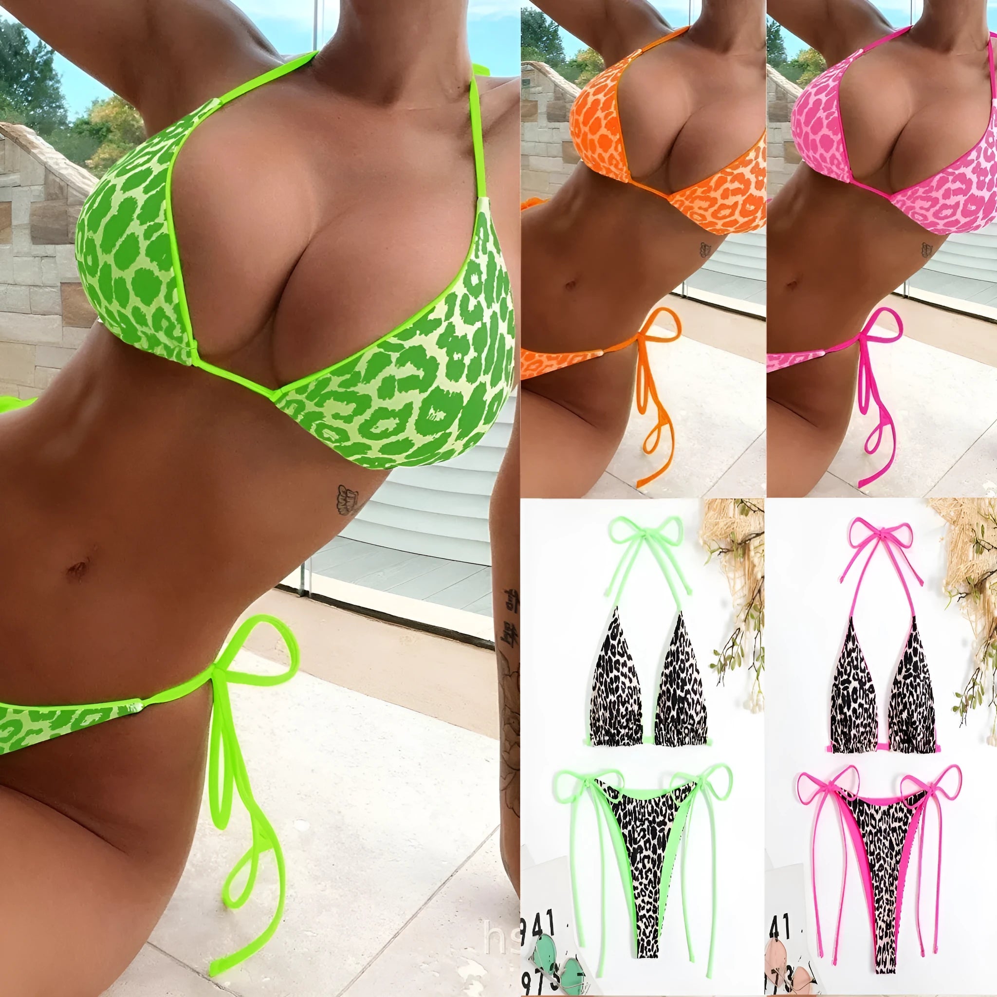 Women's lace-up triangle bikini set with split-leg briefs in multiple colour options