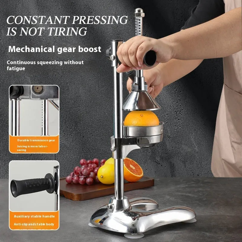 Vertical stainless steel manual juicer on zinc alloy base, showing colour and head style options.