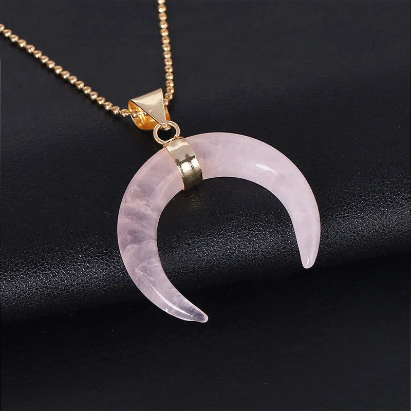 Natural stone moon pendant necklace with copper electroplated chain in pink or purple crystal