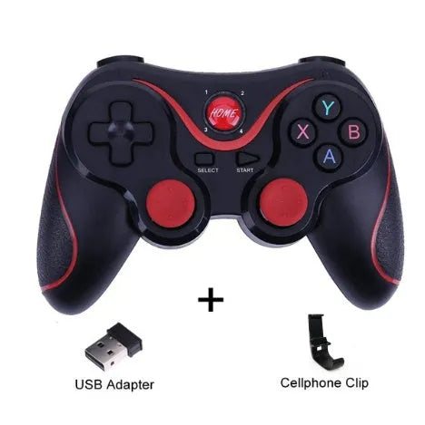 X3 Bluetooth wireless game controller for Android phones with mobile phone clip attached