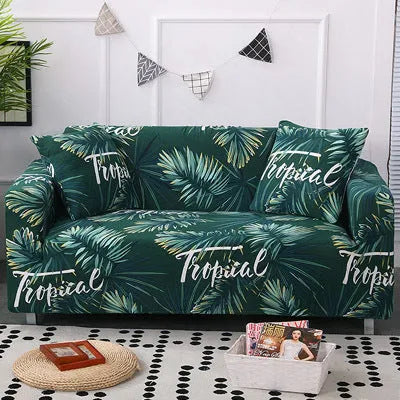Printed stretch sofa cover with geometric pattern on three-seater sofa