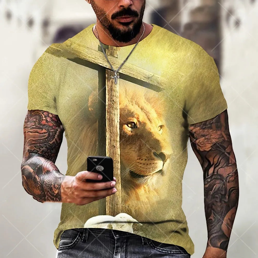 Men's grey T-shirt featuring a detailed 3D raised print of Jesus Christ, with short sleeves and a casual fit.