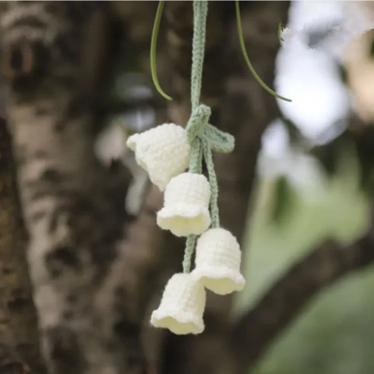 Green and white knitted wool car plant decoration with white hanging rope.