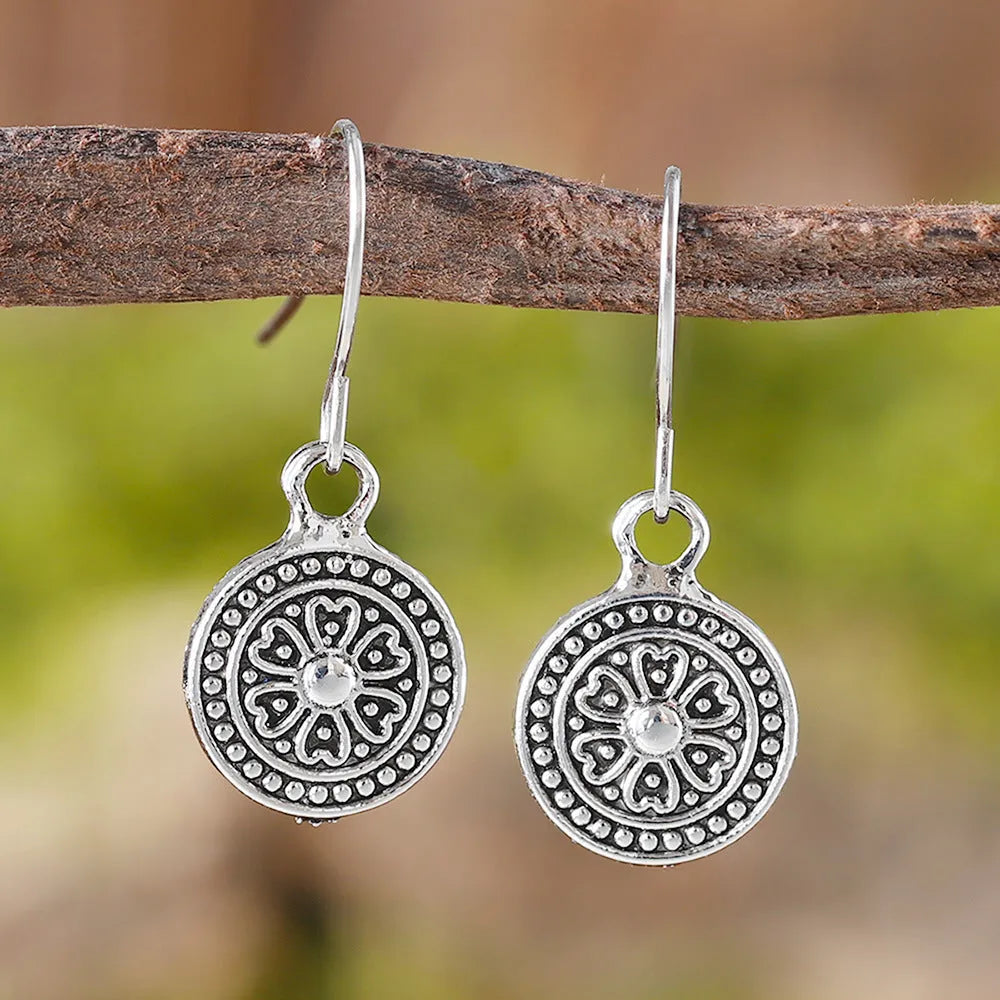 Bohemian retro round print distressed ethnic earrings in zinc alloy geometry shape