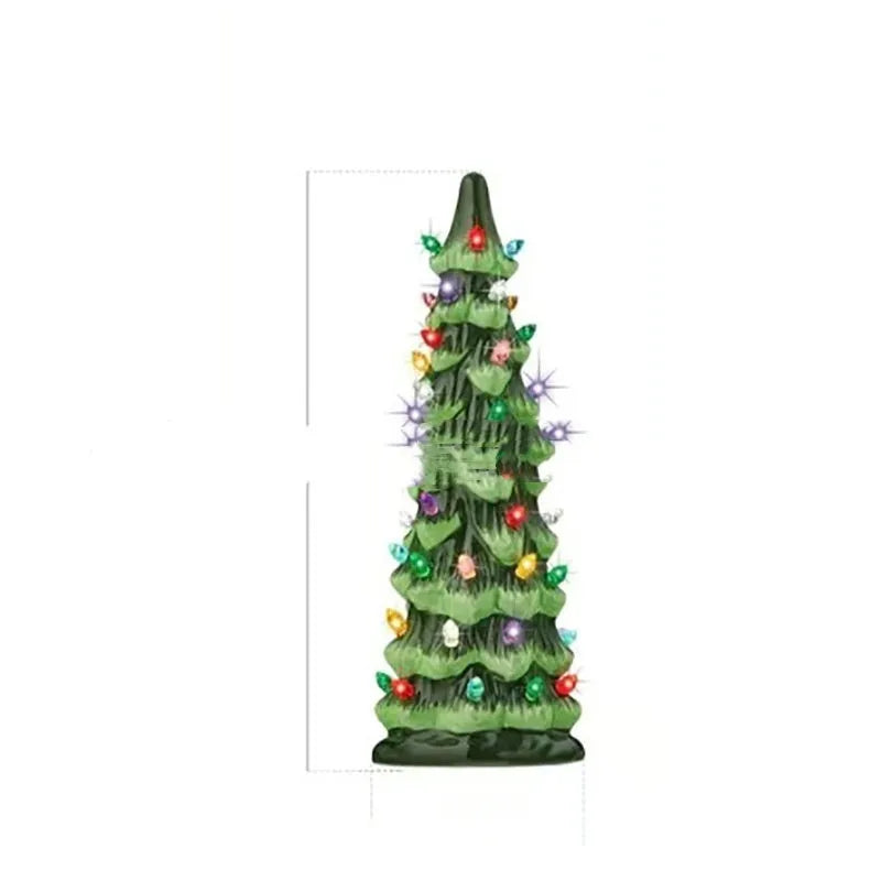Set of European-style resin Christmas tree ornament decorations in warm and coloured light variants.