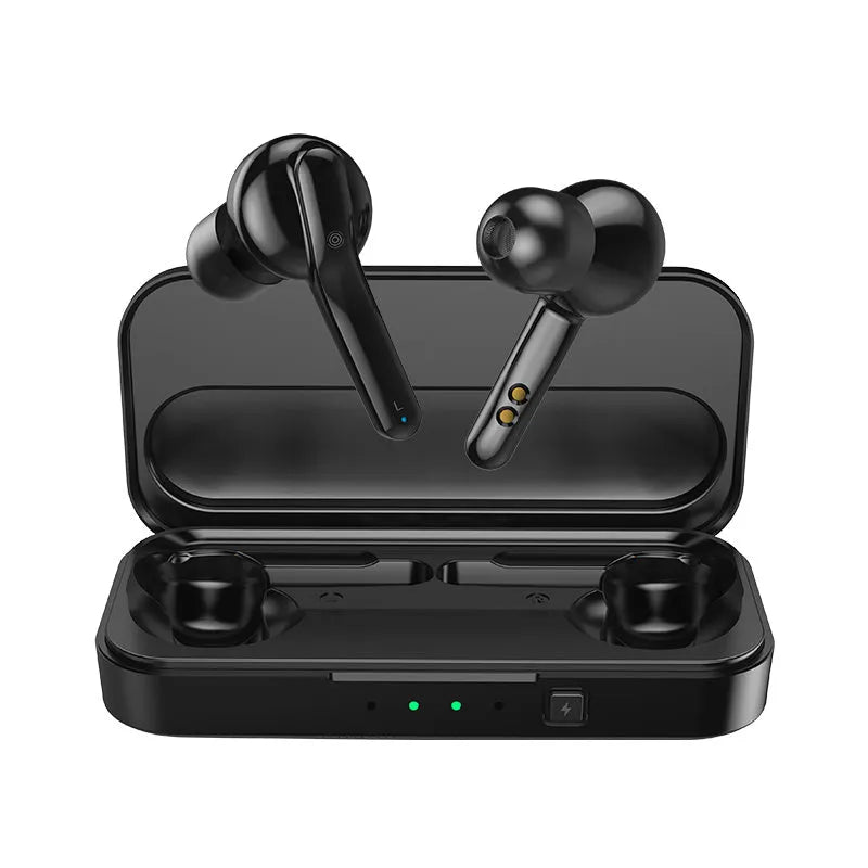 Black and white true wireless Bluetooth 5.0 earbuds with IPX5 waterproof rating.