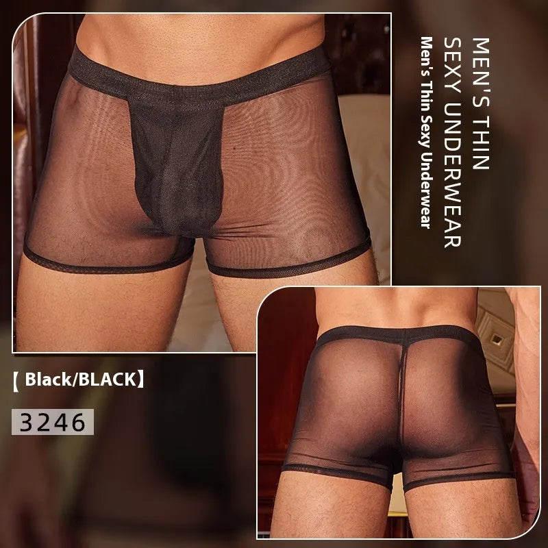 Black and white men's ultra-thin nylon boxer briefs laid flat