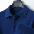 Men's grey wool pullover sweater with a polo collar and long sleeves on a hanger