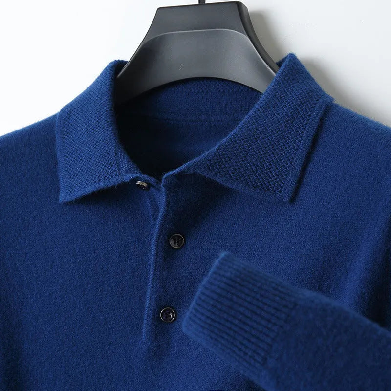Men's grey wool pullover sweater with a polo collar and long sleeves on a hanger