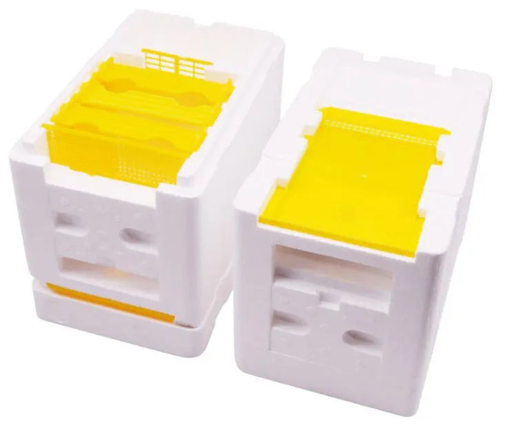 Three white EPS foam delivery boxes for beehive equipment transport