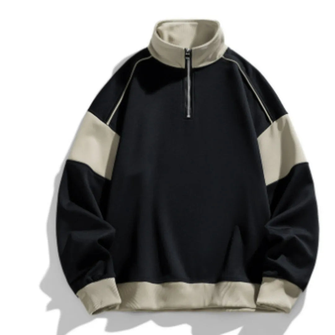 Men's hooded rabbit fur corduroy sweater showing drop shoulder and loose lapels design
