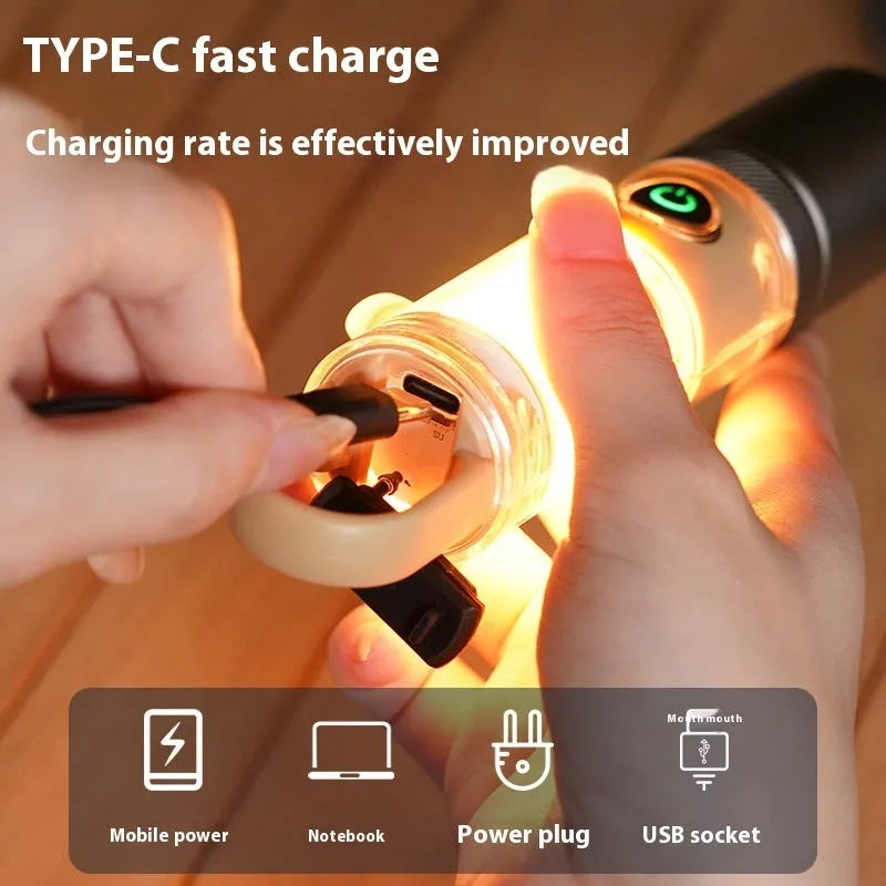Orange or beige dual light source flashlight with keychain and hook attachments