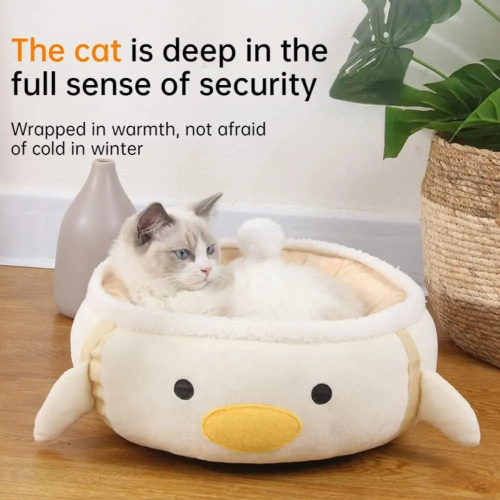 Green chick-shaped cat bed shown both flat and hanging as a hammock for small pets.