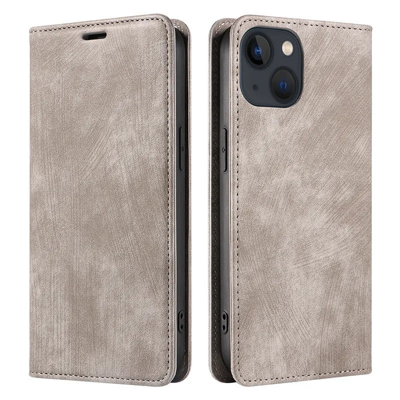 Magnetic flip phone case for iPhone in various colours showing TPU and leather construction