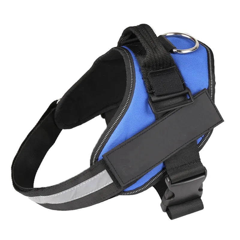 A reflective adjustable no-pull dog harness in a vest style, shown on a dog with a personalised patch.
