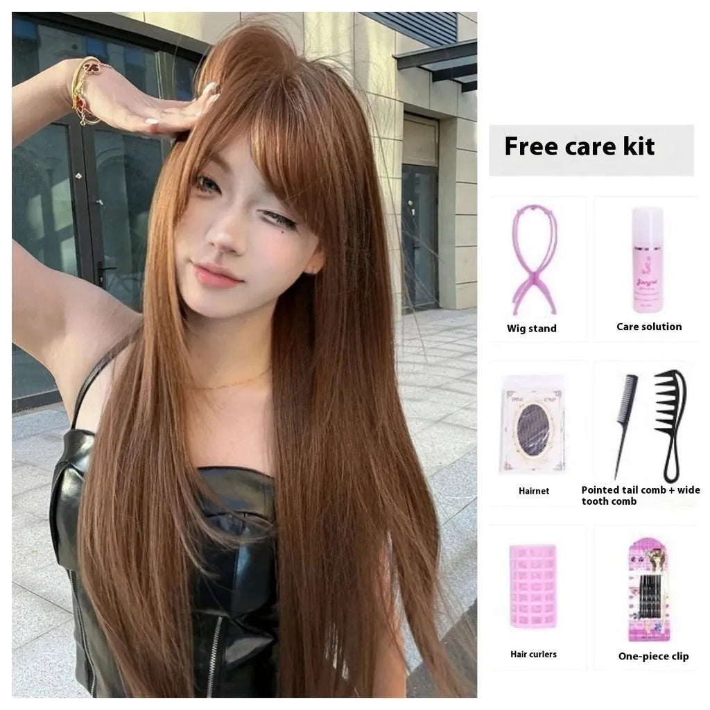 Warm brown long straight synthetic wig with bangs on display stand
