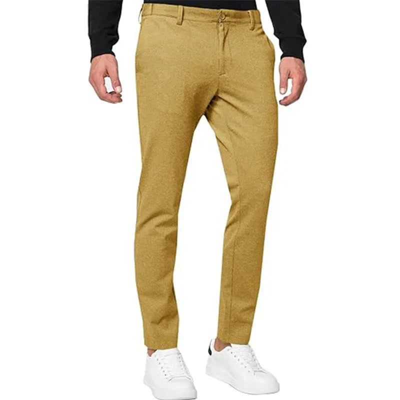 Men's slim-fit tapered chino trousers in cotton blend fabric with pleated front detail
