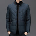 Men's solid colour winter short coat with side seam pockets, shown in dark blue.