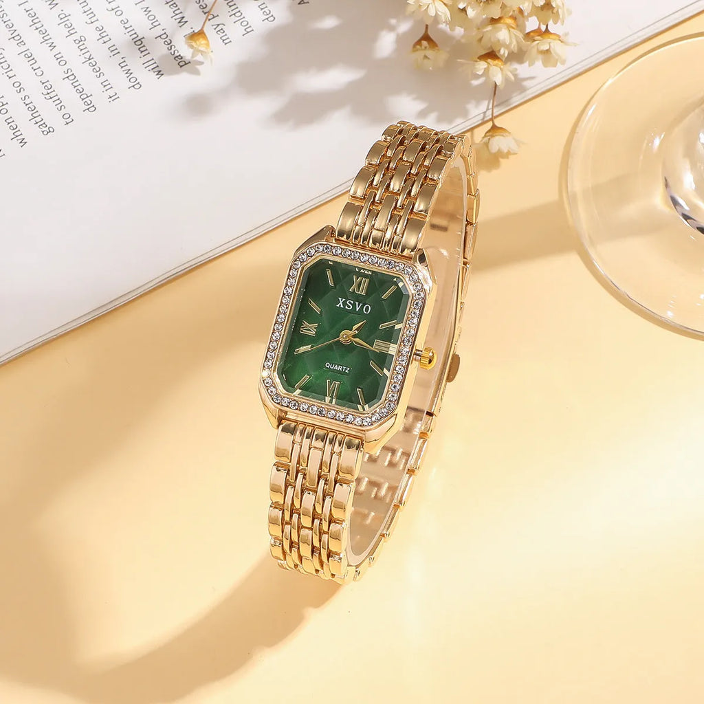 Gold green square women's watch with four matching bracelets, alloy case and jewellery buckle