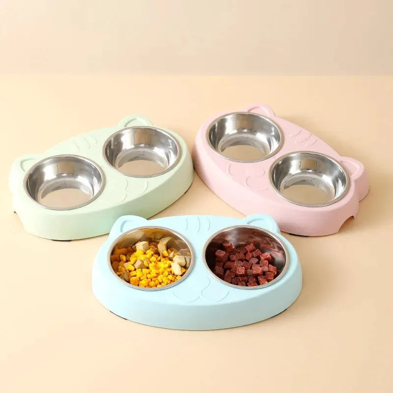 Blue macaron-shaped plastic pet feeder with two bowls for cat and dog feeding