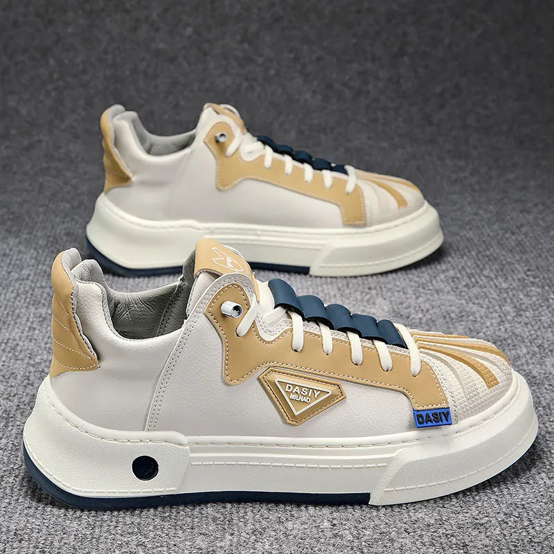 Men's beige low-top casual sneakers with elastic band and leather stitch details on microfiber upper.