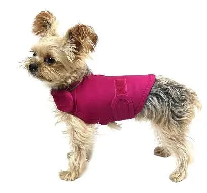 Dog wearing brocade cotton ponte de roma calming vest for separation anxiety in tank top style