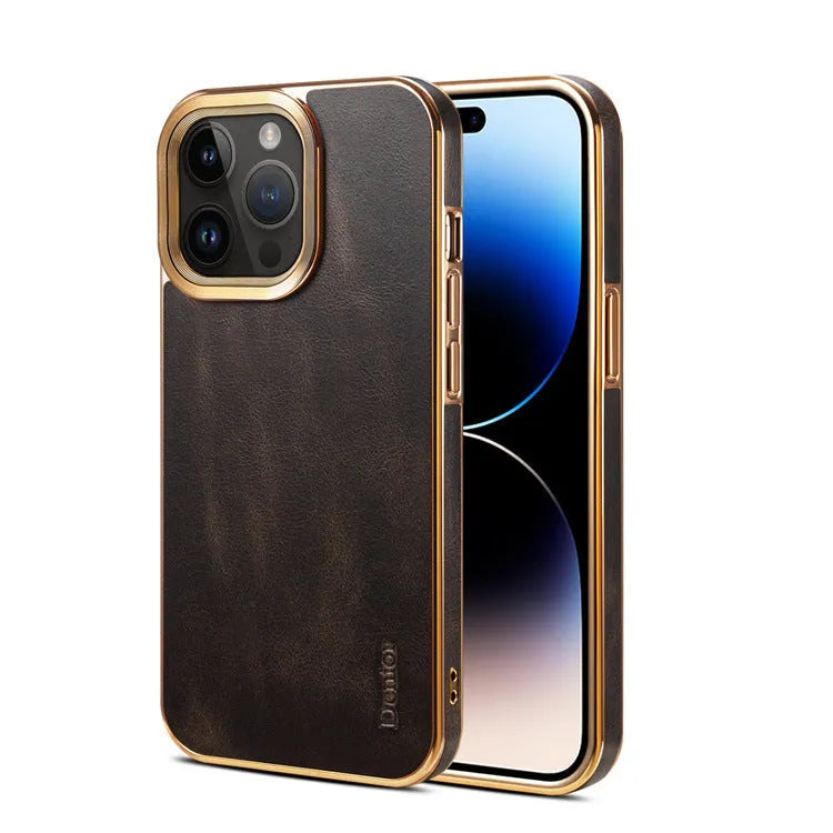 Handmade vintage leather iPhone case in black showing slim profile and precise port openings