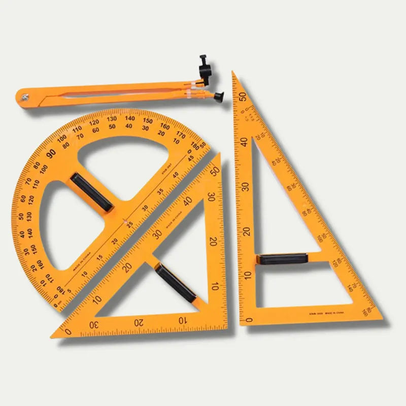 Orange and black mathematics teaching tools set with triangle rulers, protractor, and chalk compass