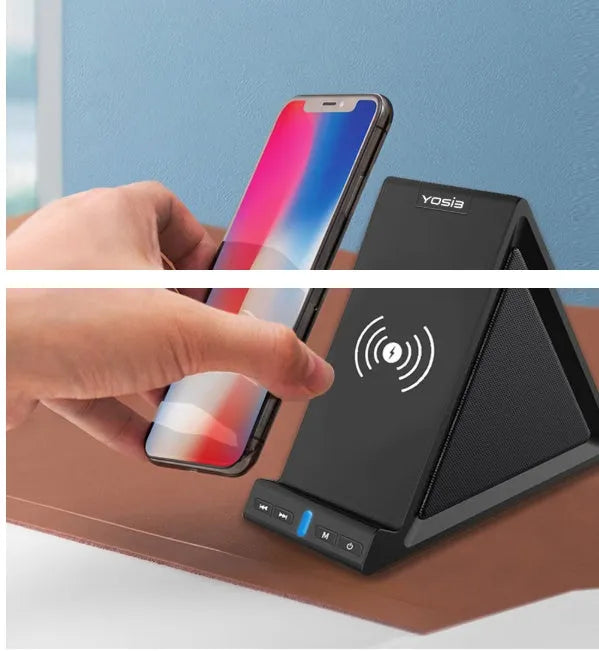 Black multifunctional Bluetooth speaker with integrated mobile phone stand and wireless charging area